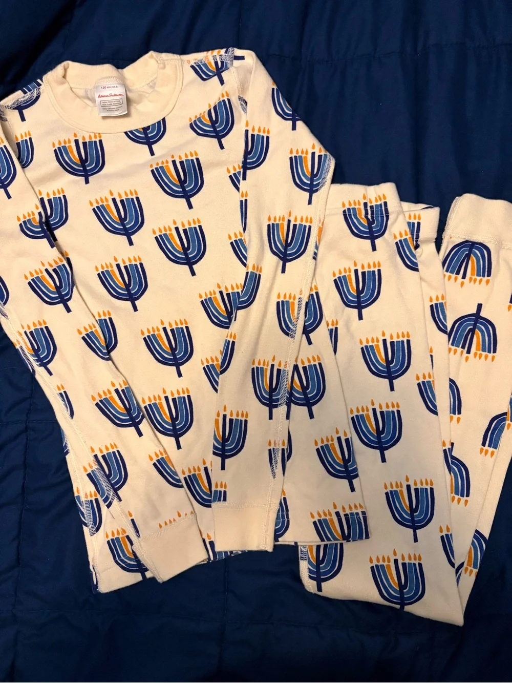 Hanna Andersson Cream Pajama Set with Blue and Yellow Menorah Print